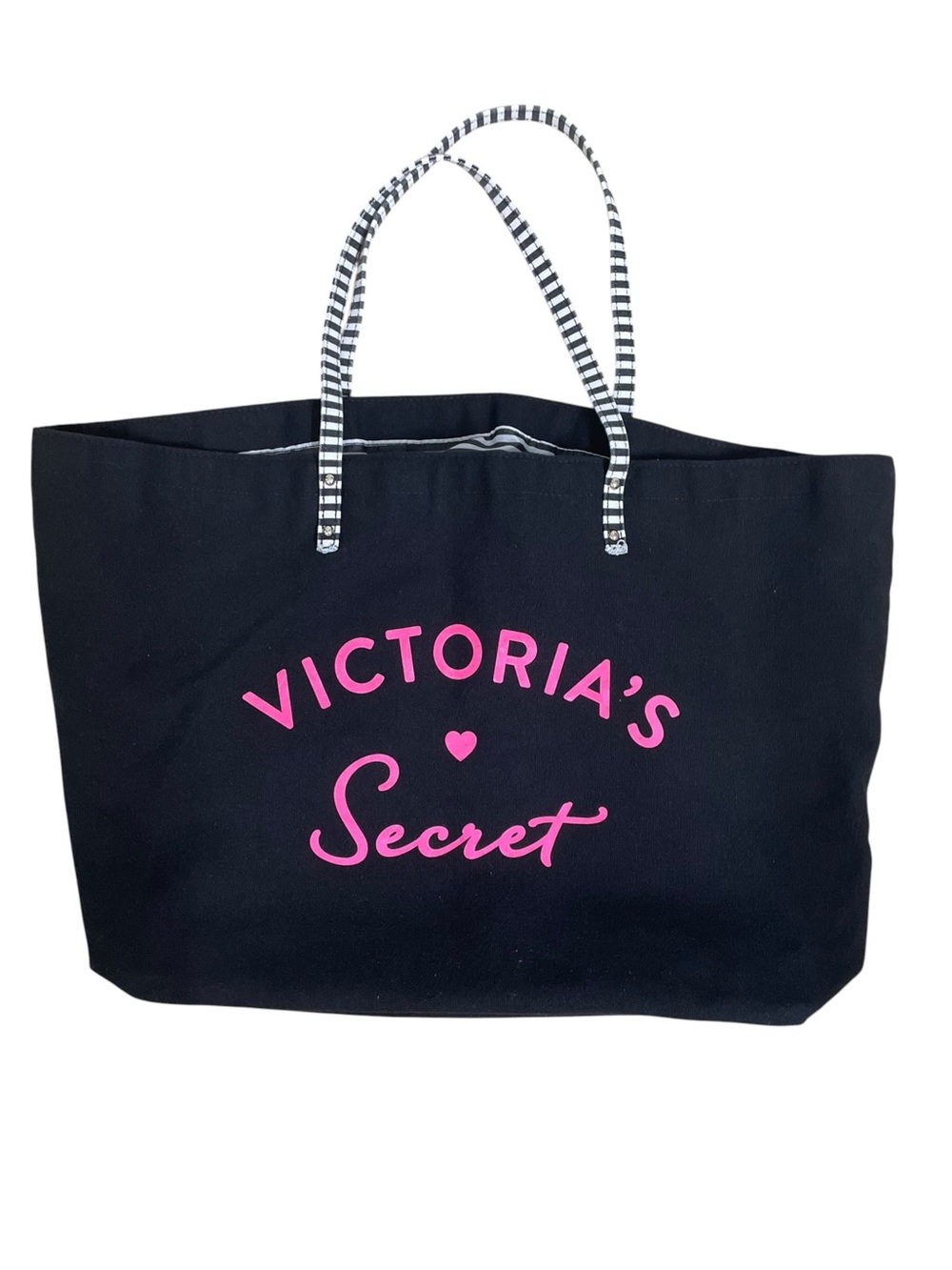 Victorias Secret Black Pink Canvas Tote Bag Striped Lining Beach Travel Gym